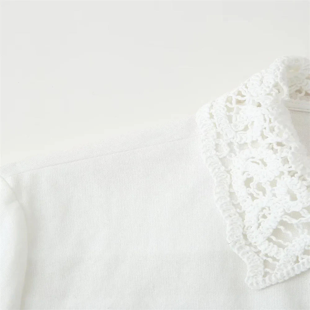 Women White Long Sleeve Blouse and Wide Leg Pants Set with Lace Trim Elegant Design