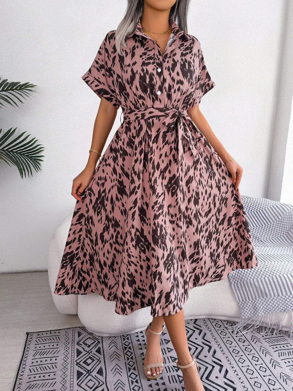 Leopard Print Shirt Dress Lace Up Casual Summer Style
