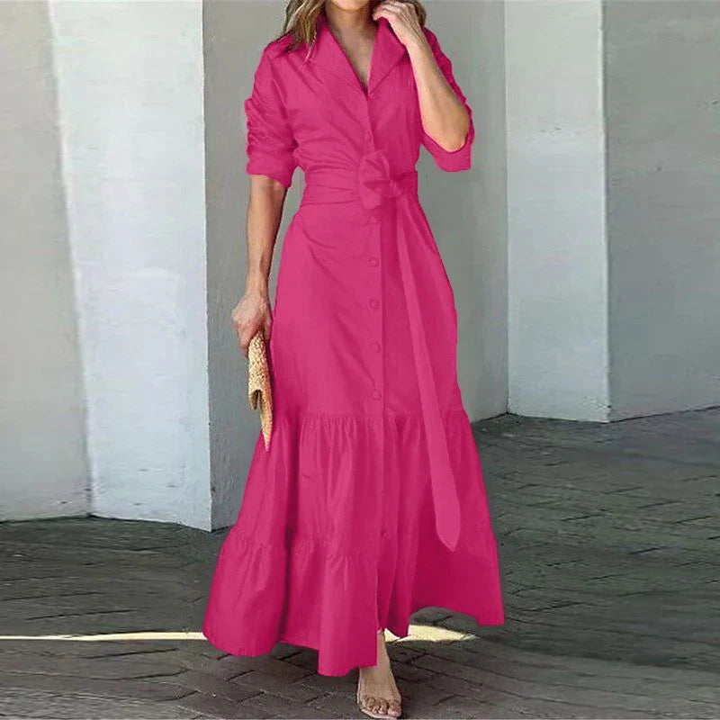 Long Sleeve Sundress With Ruffles Belted Shirt Dress