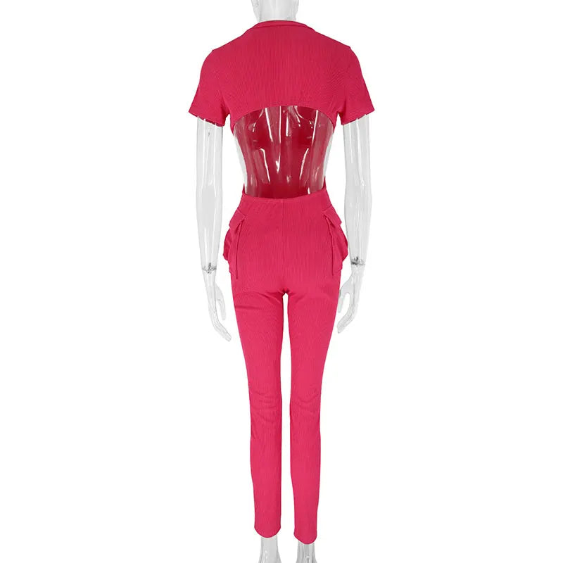 Sexy Sweet Pink Hollow Out Jumpsuit for Women Short Sleeve Elegant Romper with Pockets Casual Streetwear Spring Fashion