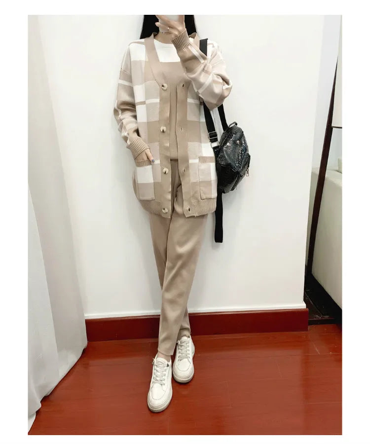 Autumn Winter Women's Plaid Knit Tracksuit Set with Cardigan Sweater Coat, Short Sleeved Top, and Solid Harem Pants