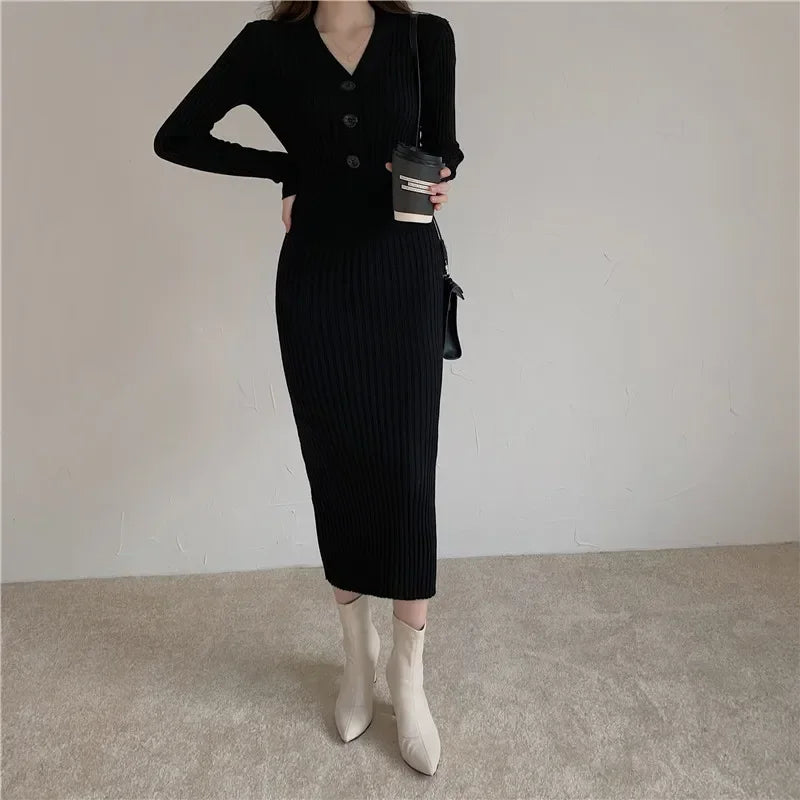 Knit V Neck Women Sweater Dress Long Sleeve Bodycon Office