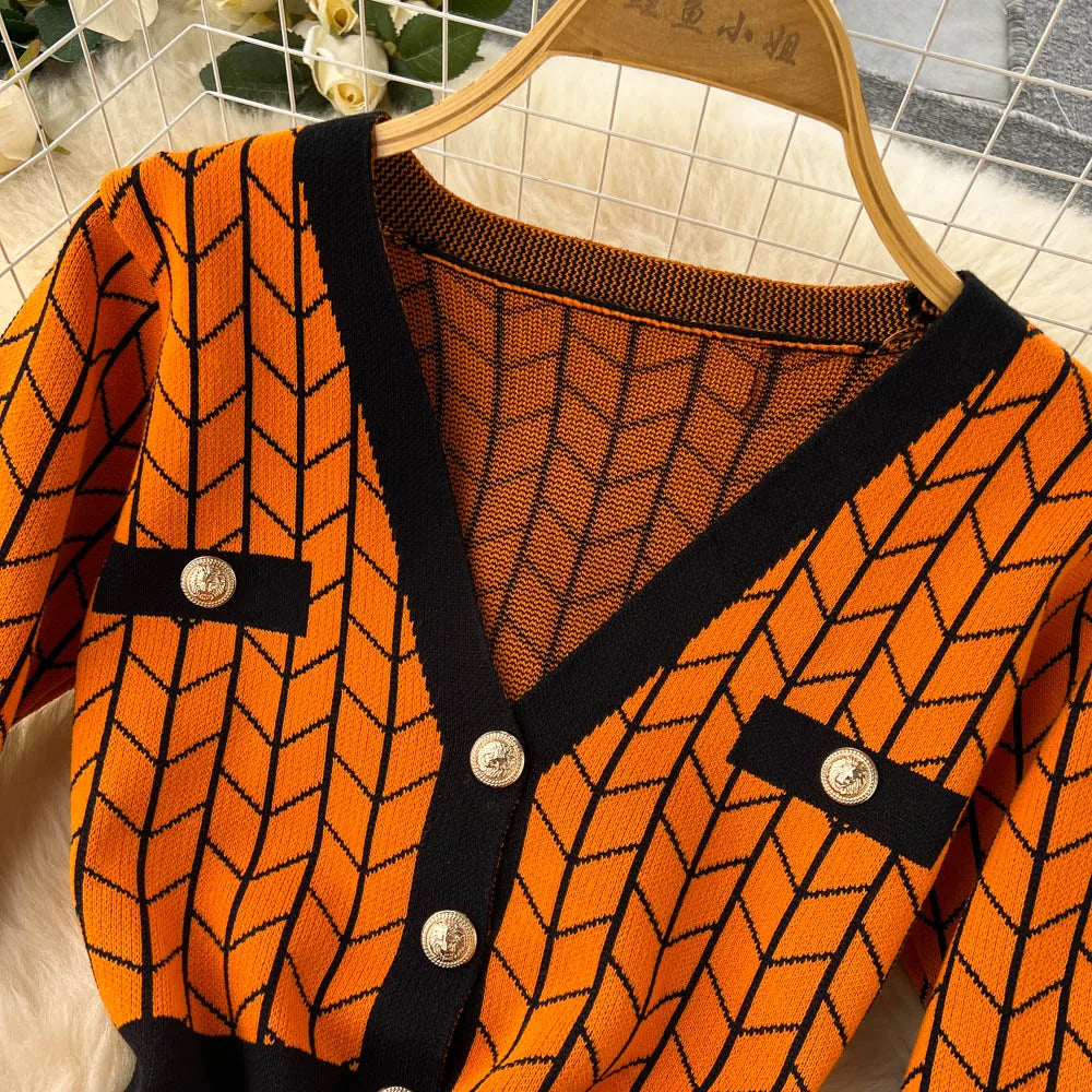 Autumn Plaid Knit Dress Women V Neck Elastic Waist Midi