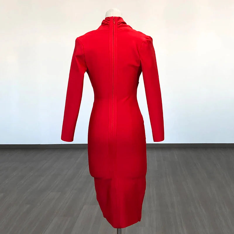 Colorful Deep V Bandage Dress Long Sleeve Bodycon Dress