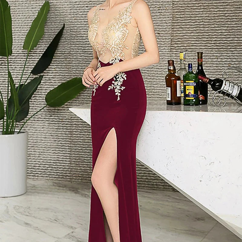 Elegant V Neck Off Shoulder Slim Evening Dress For Women