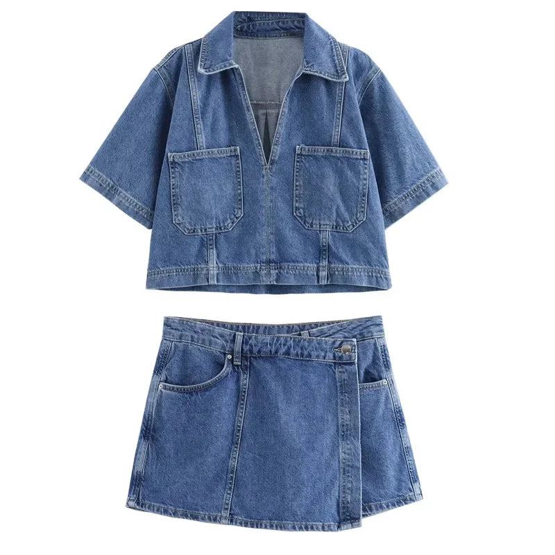 Asymmetric High Waist Denim Mini Skirt and Cropped Short Sleeve Top Two Piece Set for Women Streetwear