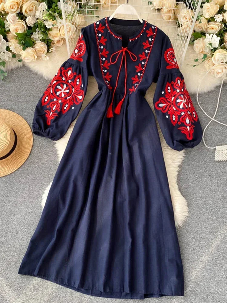 Bohemian Embroidered Floral Dress With Lantern Sleeve