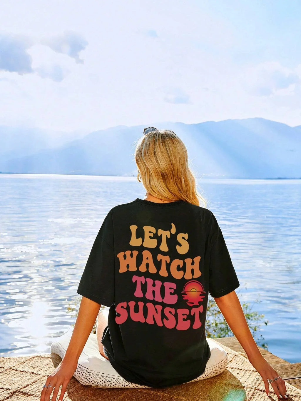 Let Us Watch The Sunset Print Women Cotton T-Shirt Casual Short Sleeve O-Neck Top for Daily Wear