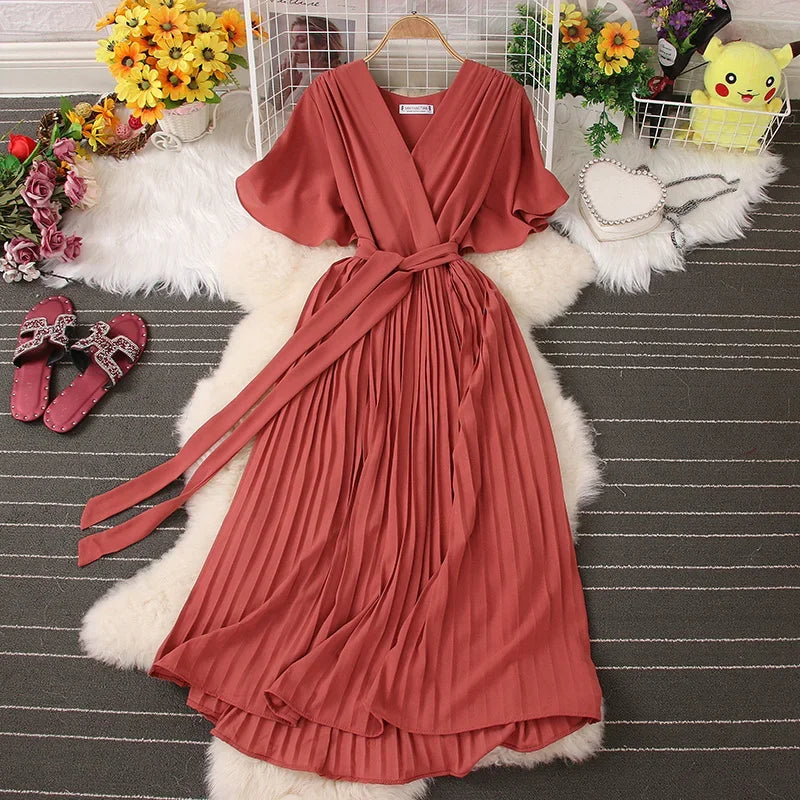 Chiffon Pleated Lace Up V Neck Dress For Women Summer