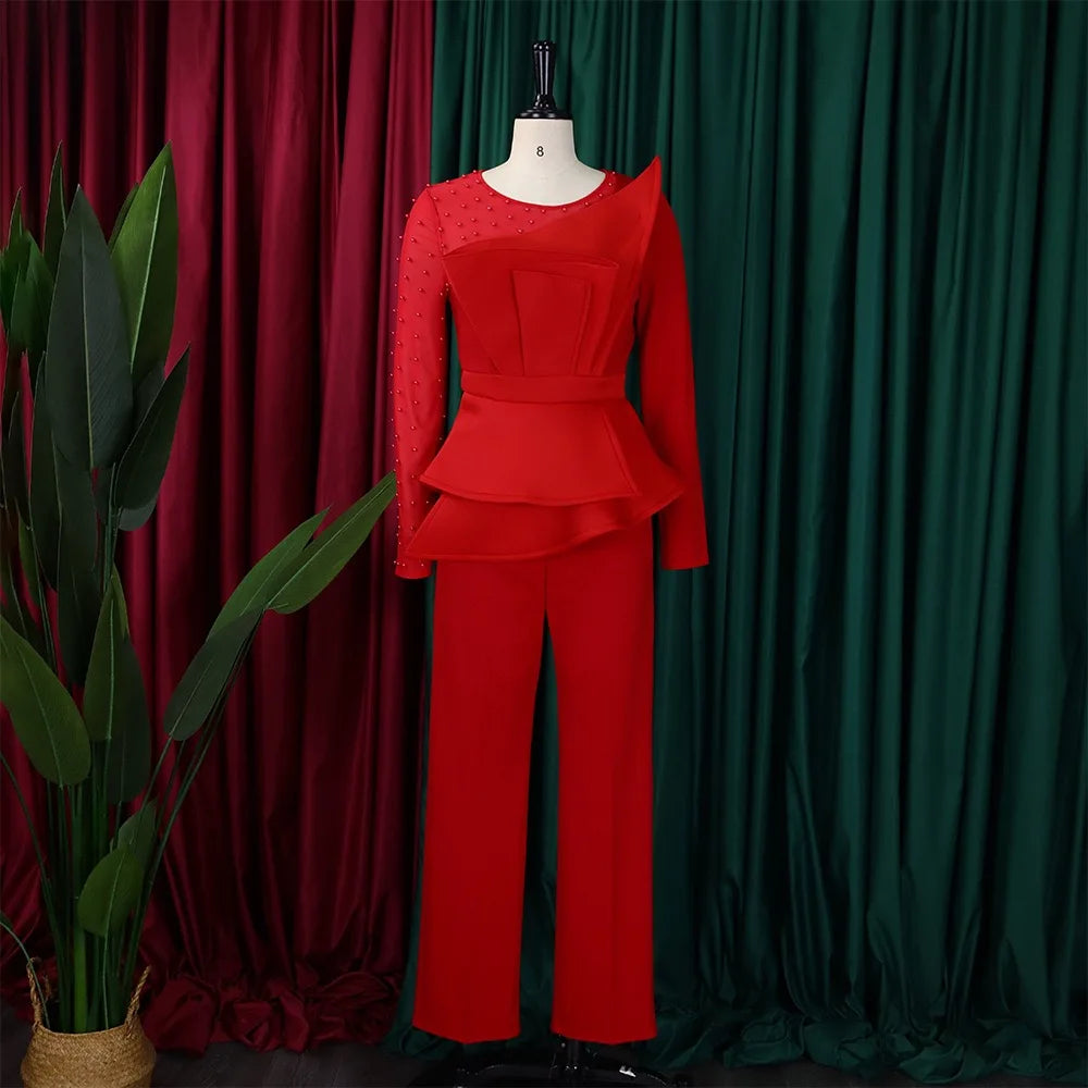 Elegant High Waisted Jumpsuit for Women with Round Neck Beaded Detail and Transparent Sleeves Perfect for Birthday Parties and Special Occasions