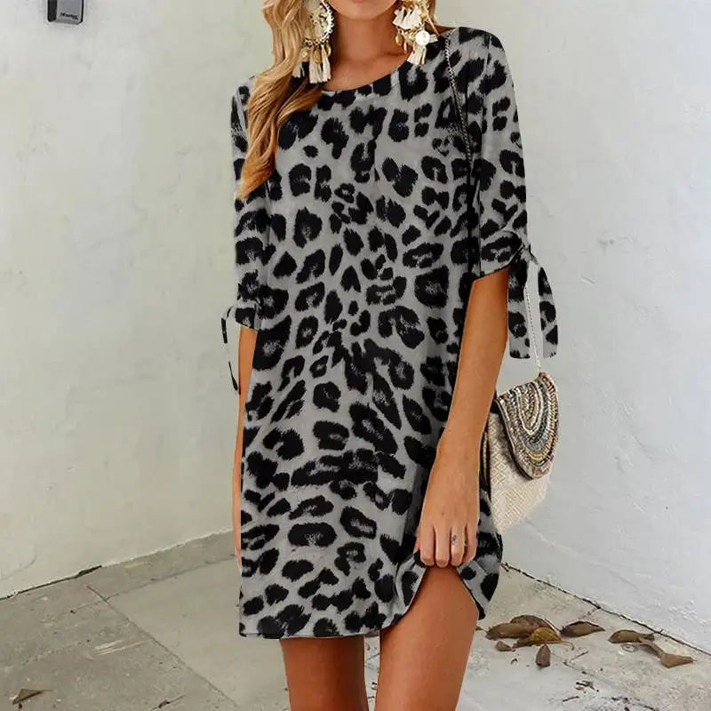 Leopard Print Boho Mini Dress For Beach Sundress Casual