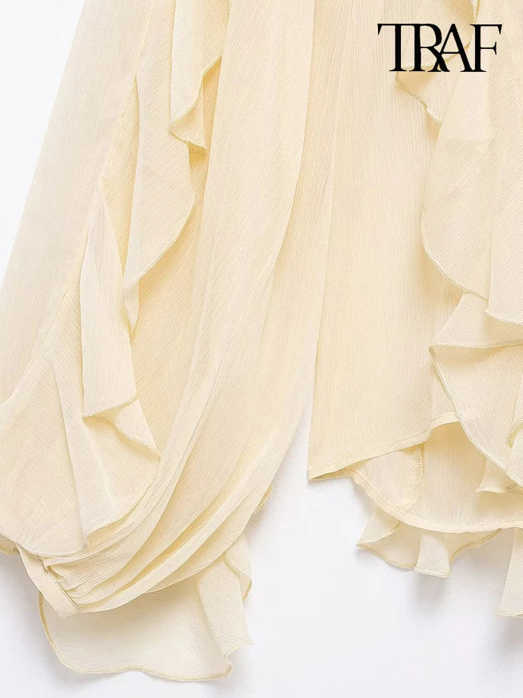 Elegant Solid Color Multi-Layered Ruffle V-Neck Sheer Long Sleeve Loose Blouse for Women