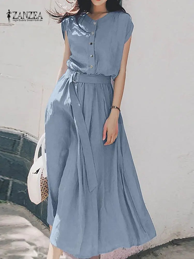 Women Belted Midi Sundress Short Sleeve Summer Dress