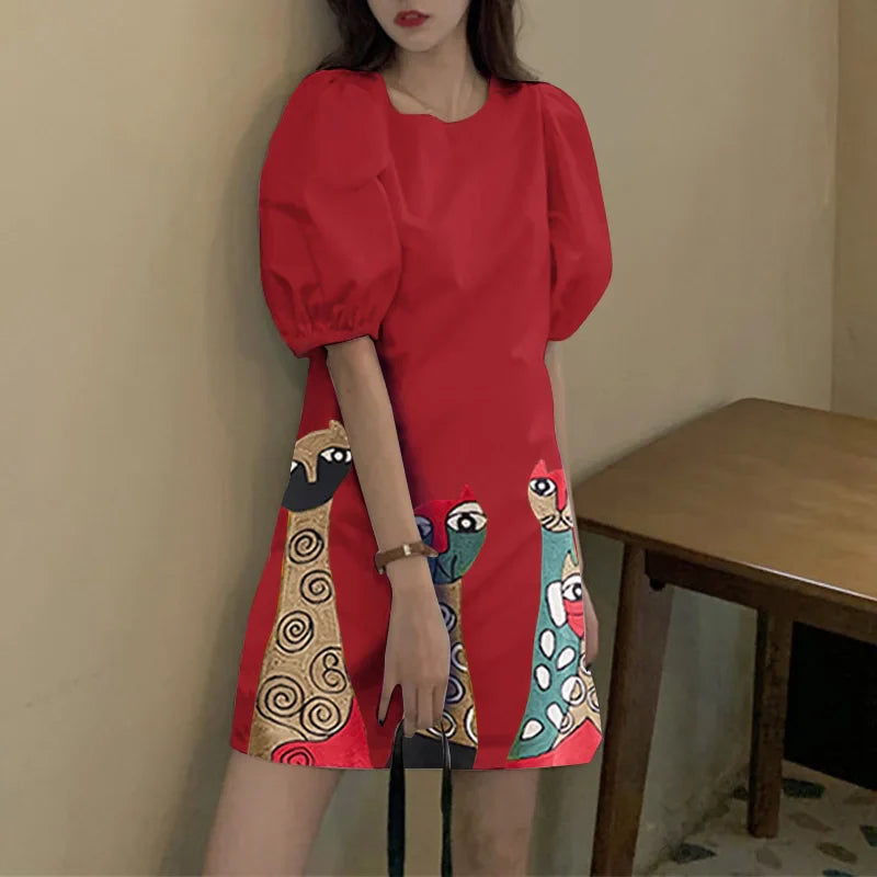 Bohemian Printed Sundress With Short Sleeves Round Neck