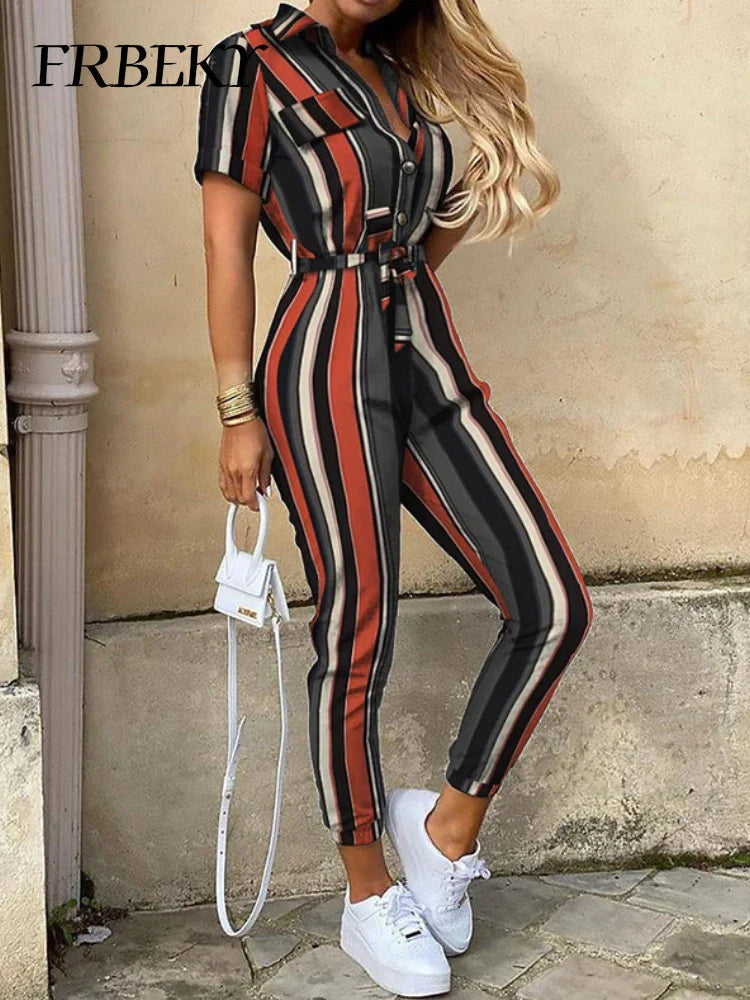 Casual Chic Overalls for Women Lapel Lace-Up Print Belted Work Jumpsuit One-Piece Bodysuit Elegant Long Sleeve Jumpsuit with Stylish Fit