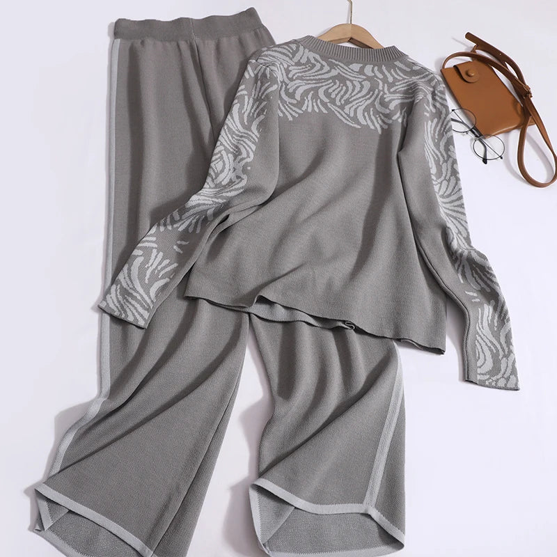 Women Casual Printed Two-Piece Knit Pullover and High Waist Wide Leg Pants Office Suit