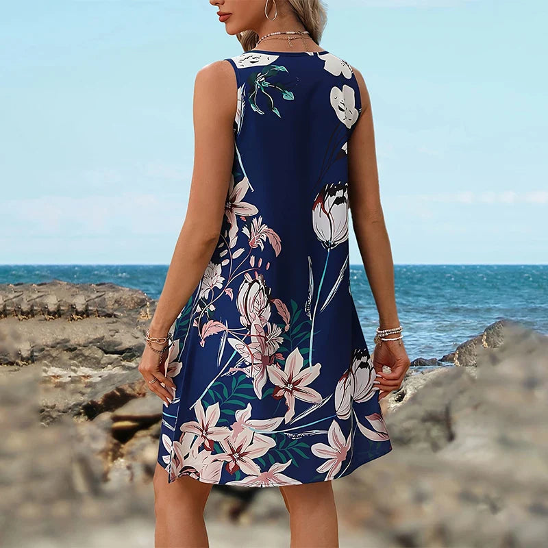 Blue Floral Boho Beach Dress Sleeveless Crewneck Casual