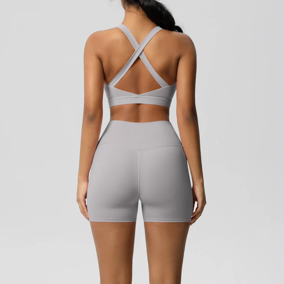 2PCS Pocketed Yoga Set for Women with Crossover Bra and Gym Leggings Workout Tracksuit Sports Shorts Activewear