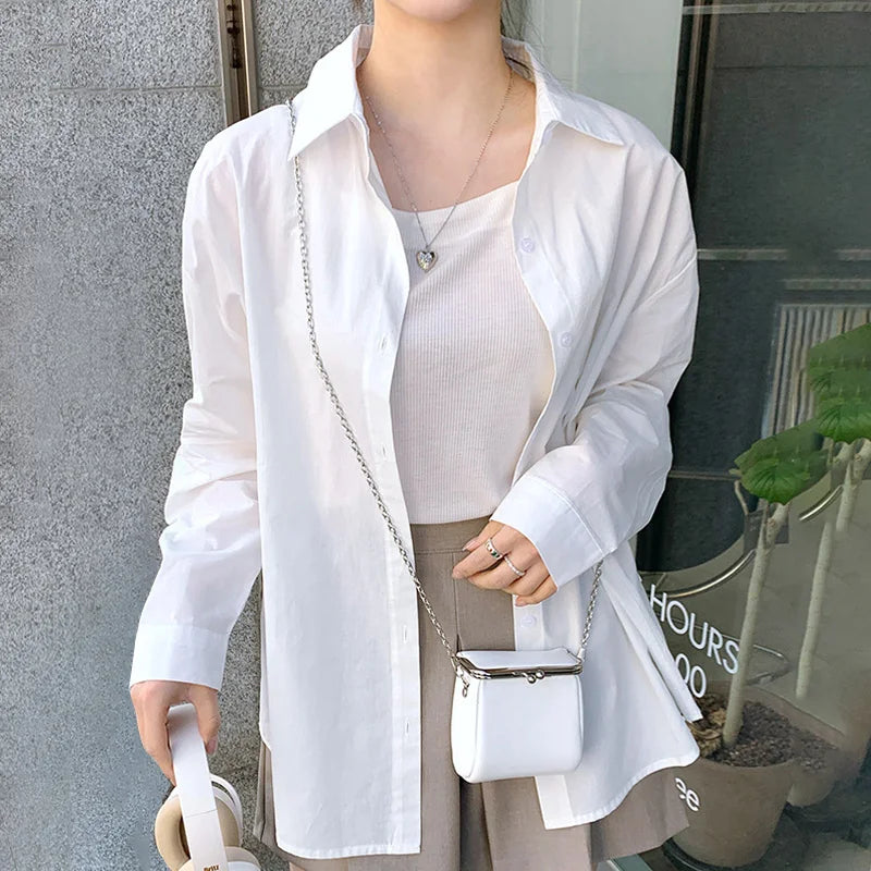 Women's Casual Loose Fit Long Sleeve Lapel Shirt 100 Percent Cotton Pure Color Versatile Layering Top for Spring and Autumn
