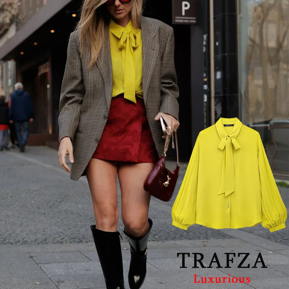 Yellow Chiffon Loose Fit Long Sleeve Shirt for Women with Bow Tie and Button Detail Casual Office Blouse