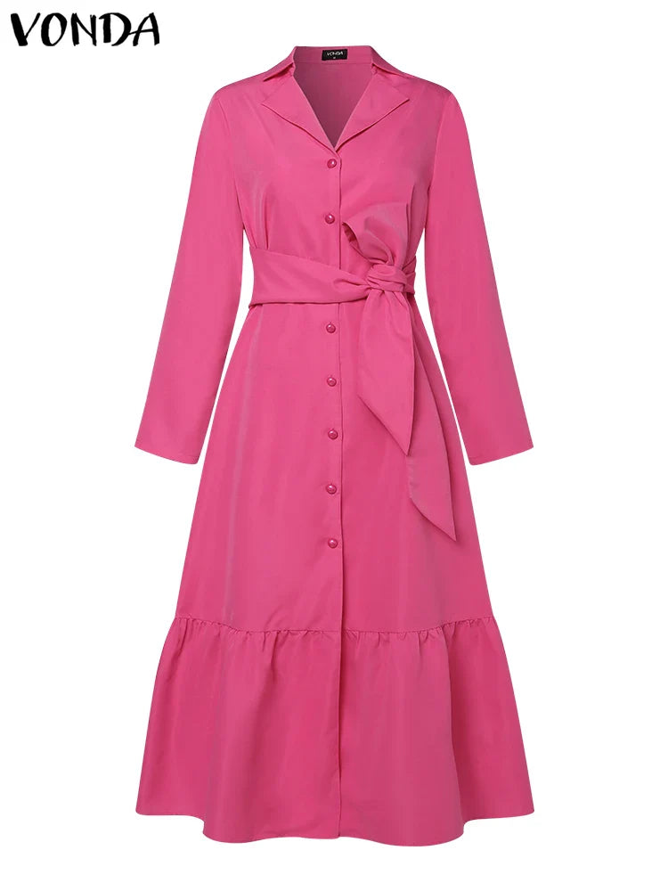 Long Sleeve Sundress With Ruffles Belted Shirt Dress