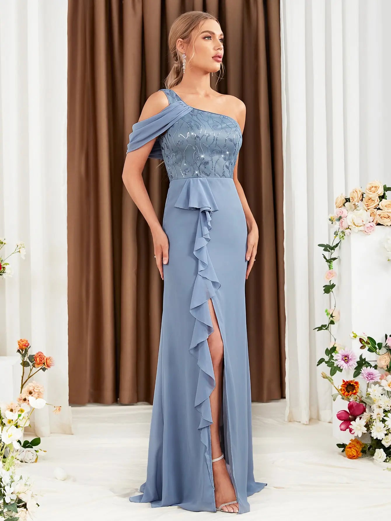 One Shoulder Lace Sequin Evening Dress For Party Bridesmaid