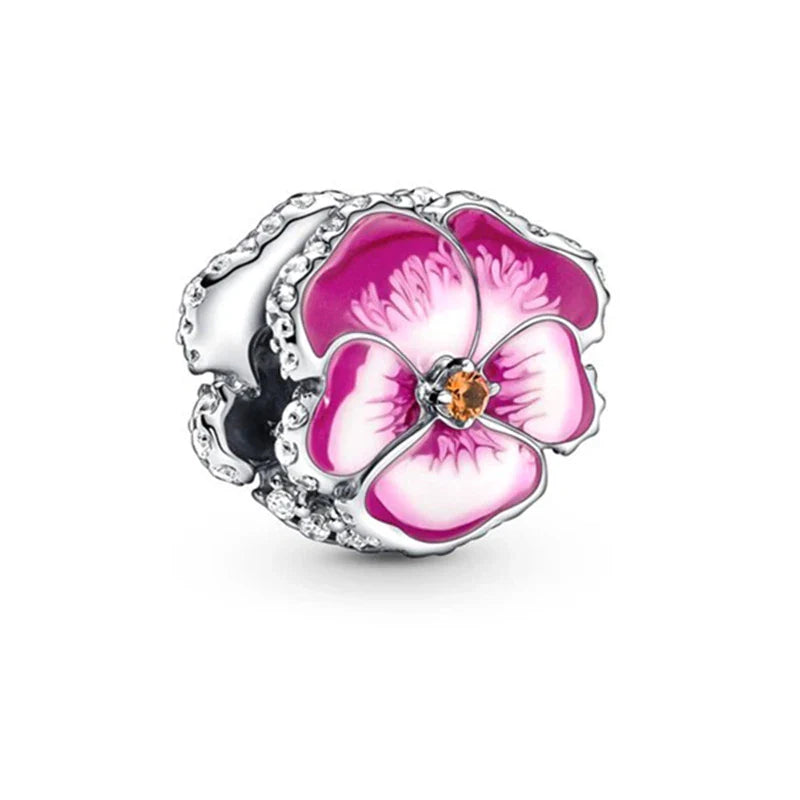 Sparkling Pink Cherry Blossom Daisy Charm Beads for 925 Silver Bracelet DIY Women's Jewelry Gifts