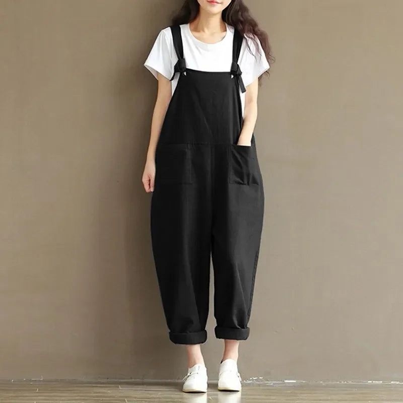 Casual Loose Fit Solid Strap Jumpsuit with Pockets Women's Plus Size Harem Dungaree Overalls 5XL