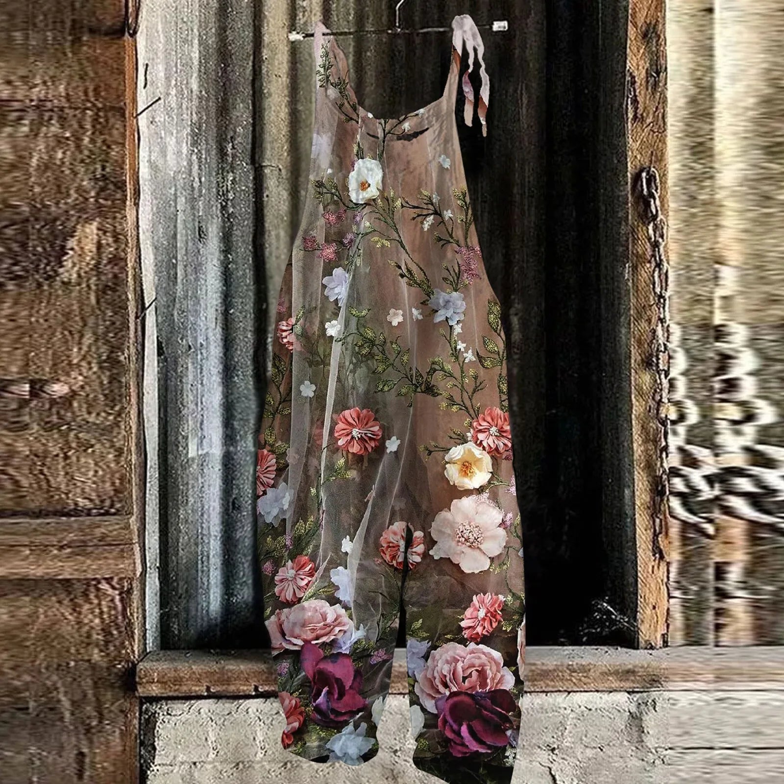 Women's Floral Print Cotton Linen Jumpsuit Loose Vintage Casual Shoulder Strap Romper