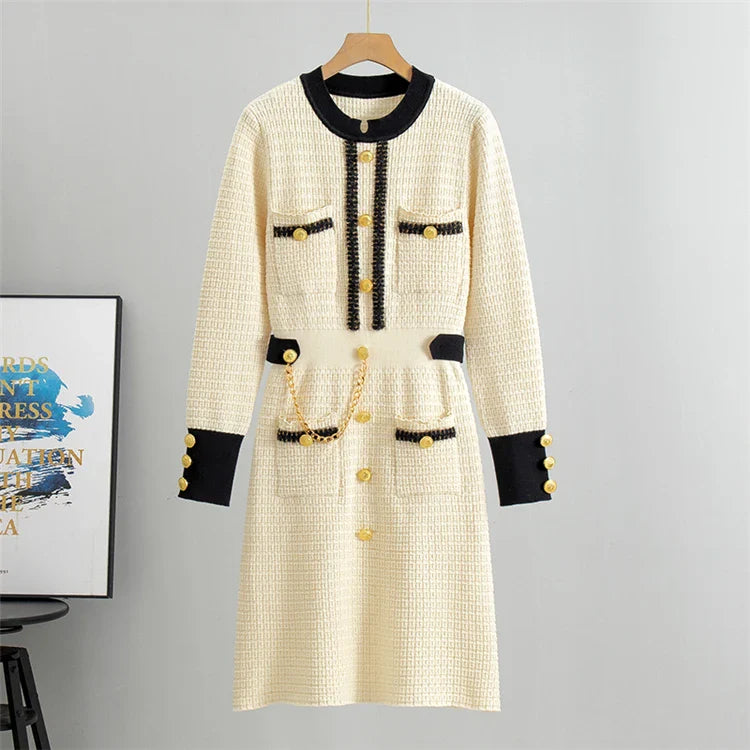 Elegant O Neck Knitted Dress for Women Autumn Slimming