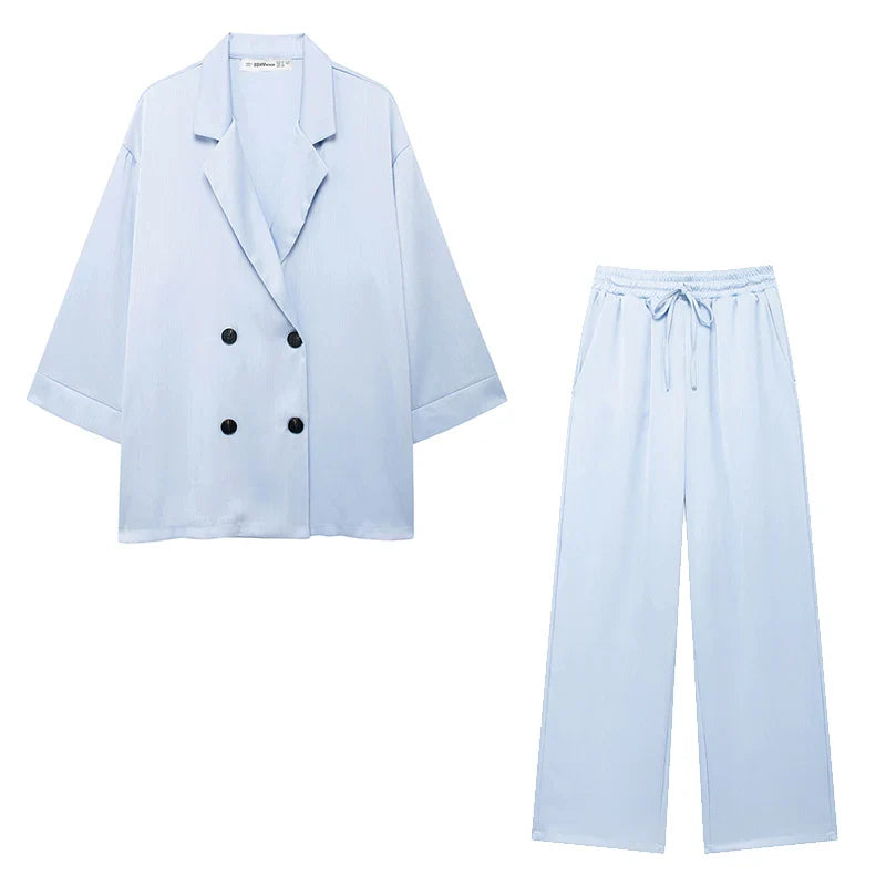 Chic Women's Two Piece Set with Solid Double Breasted Blazer and Vintage Elastic Waist Trousers for Effortless Style