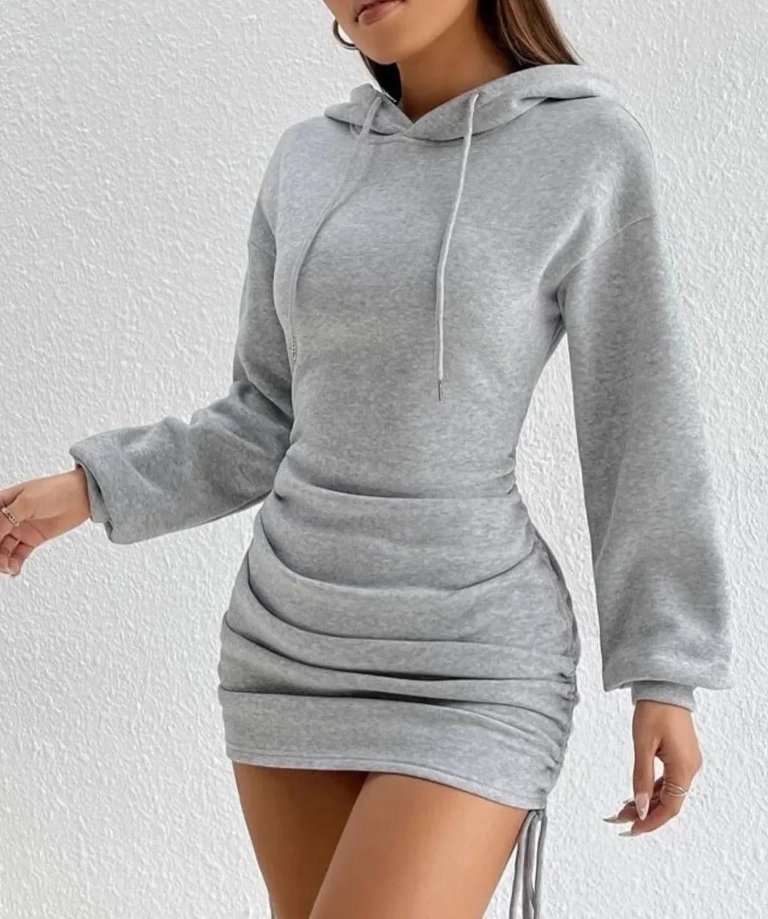 Hoodie Dress With Drawstring Ruched Drop Shoulder For Women