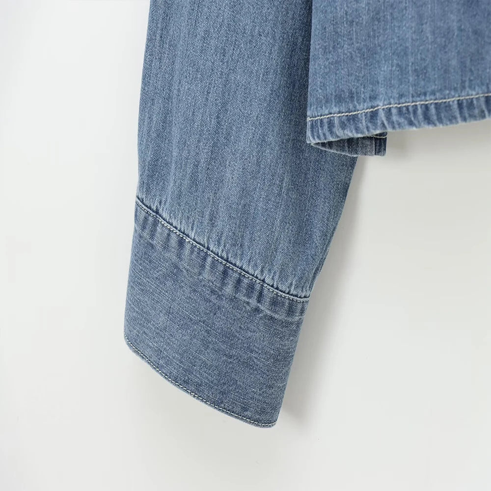 Women's Blue Denim Shirt With Stand Collar Bow Detail Single Breasted Long Sleeve Loose Fit Sweet Solid Casual Top