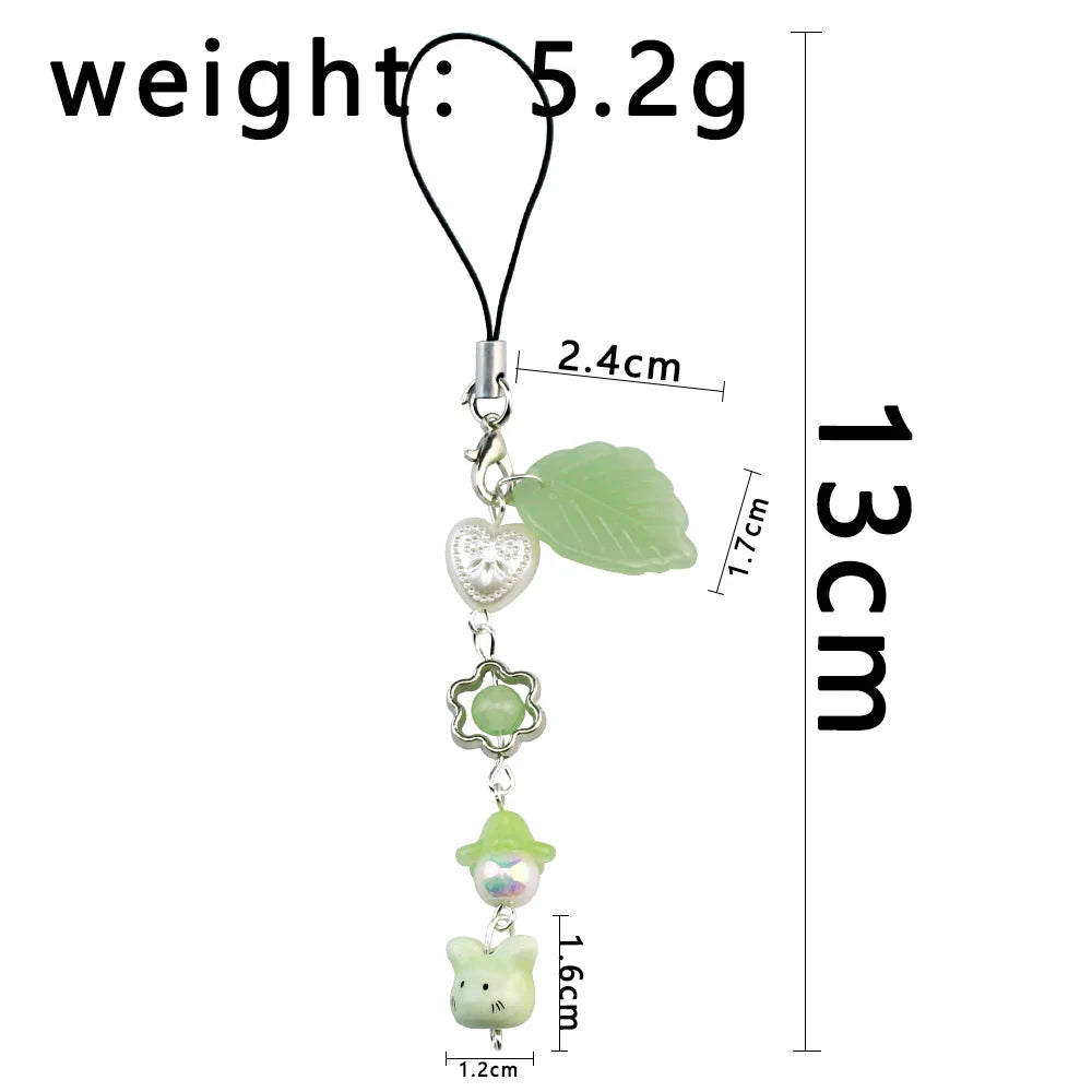Handmade Four Leaf Clover Beaded Phone Charm Cute Cat Totoro Keychain Cybercore Cell Phone Chain Pendant Bag Decor