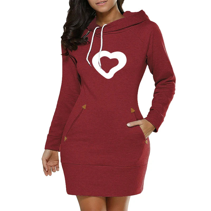 Womens Hooded Midi Dress With Pockets Zip Neckline Casual