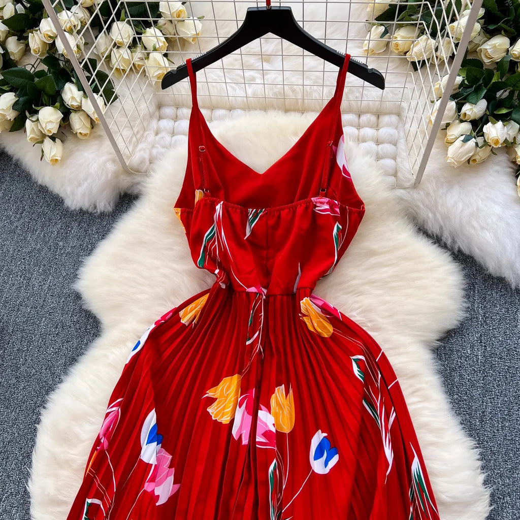 Floral Print Maxi Dress High Waist Spaghetti Strap Backless