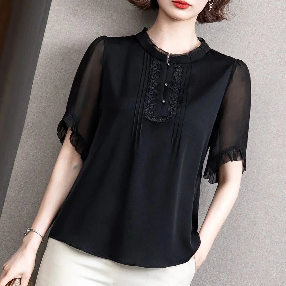 Women's Summer Chiffon Blouse Casual Short Sleeve O-Neck Top in Black Lightweight Breathable Shirt