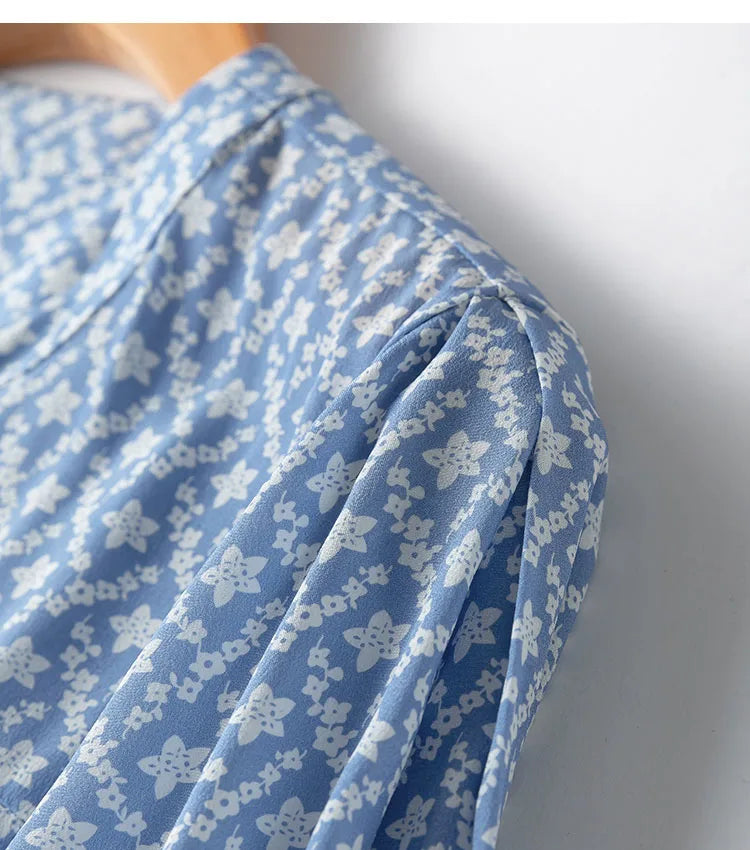 Silk Midi Dress For Women Blue Floral Ruffles V Neck