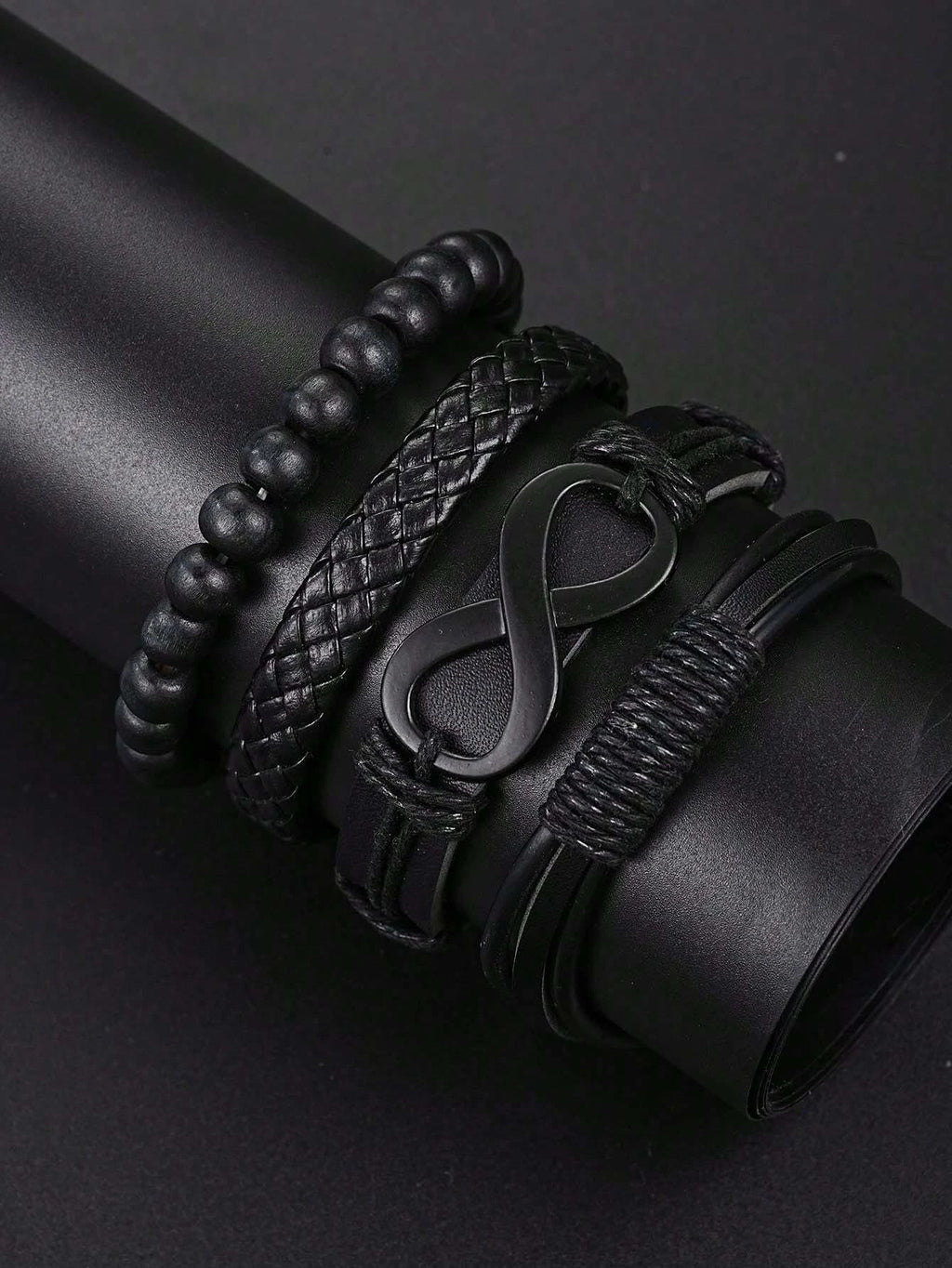 Fashionable PU Leather Beaded Bracelet Set With Quartz Watch And Cross Pendant Necklace For Men