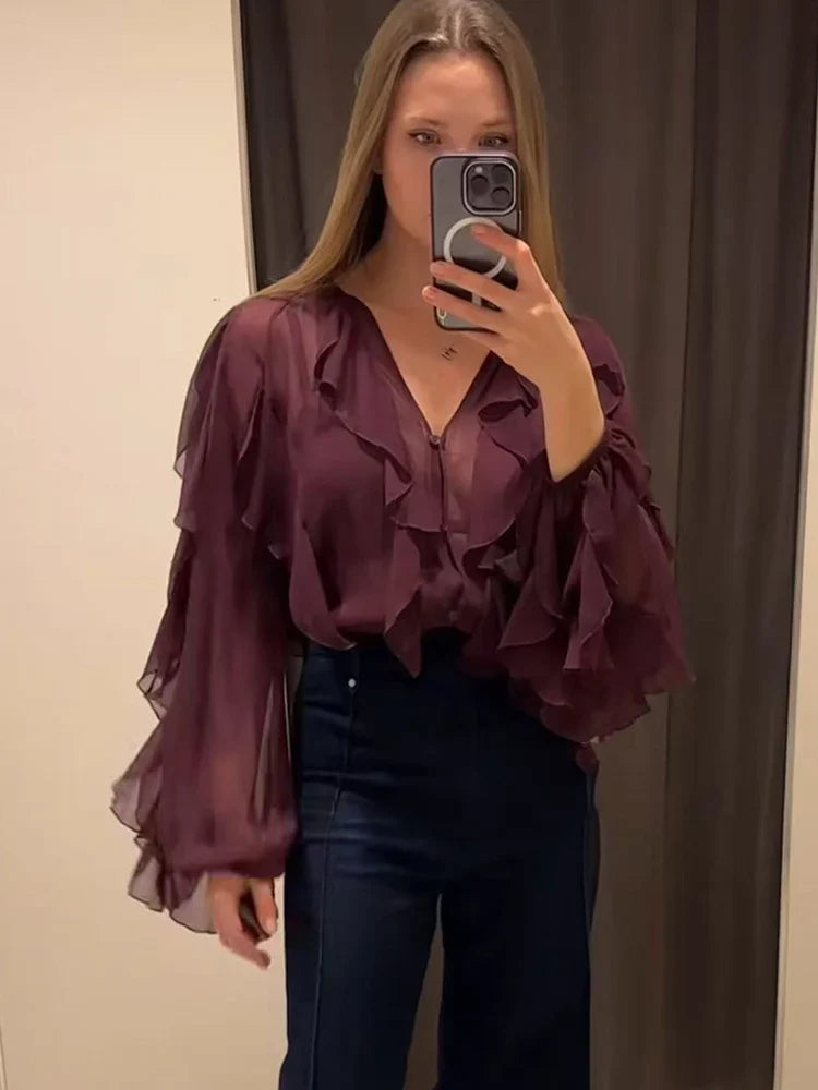 Sexy Women Translucent Ruffle Blouse V Neck Single Breasted Tiered Casual Top Beach Style Solid Shirt