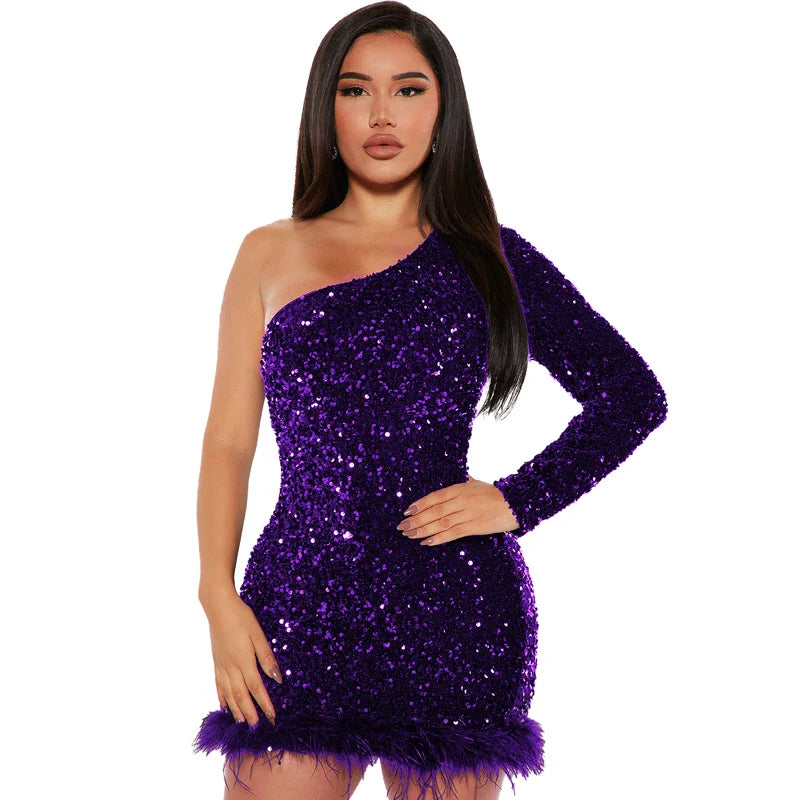 Elegant Off Shoulder Sequin Party Dress Long Sleeve