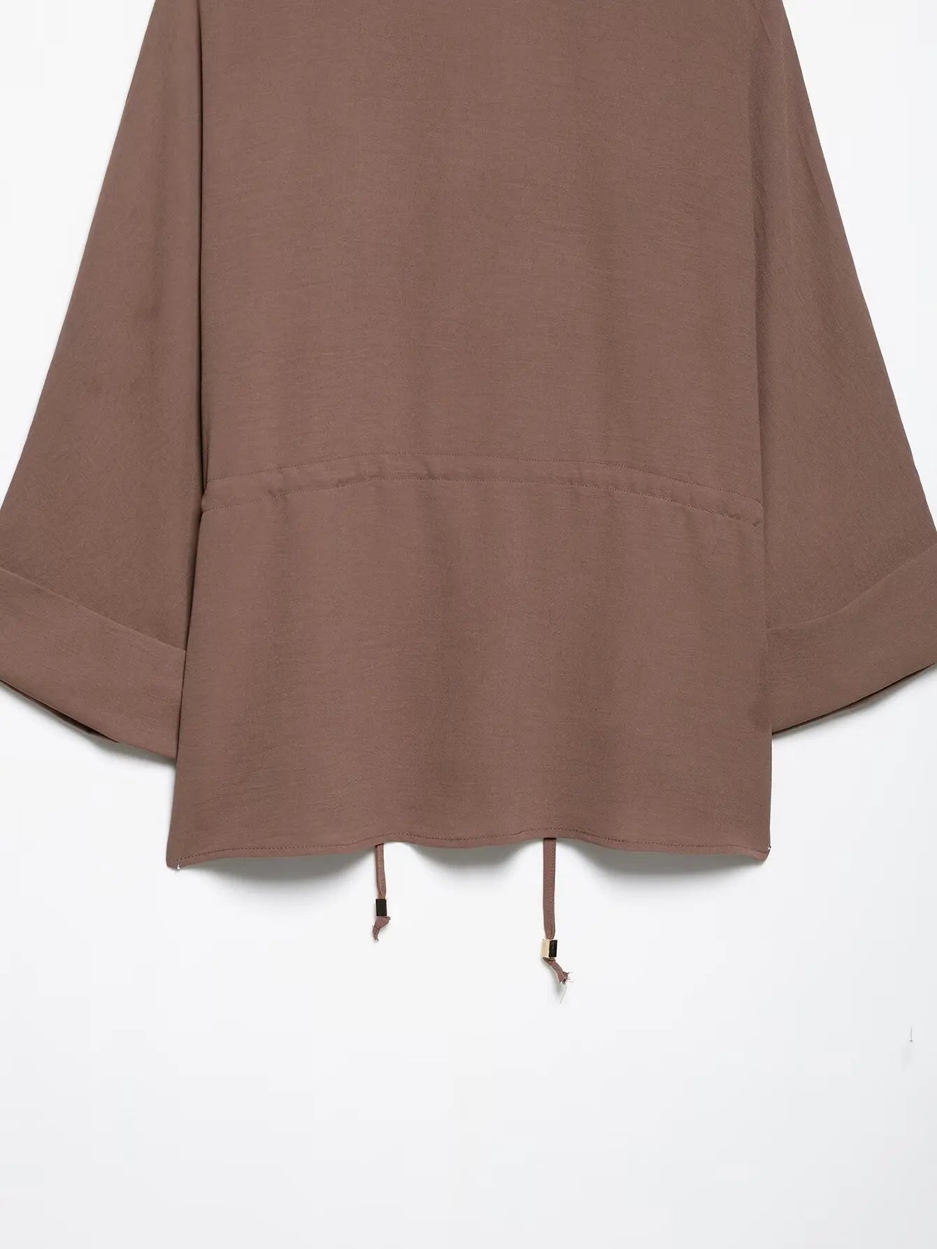 Women Camel Safari Style Flowing Shirt with Drawstring Waist Wide Sleeves and Turn-up Cuffs Casual Blouse for Holiday and Everyday Wear