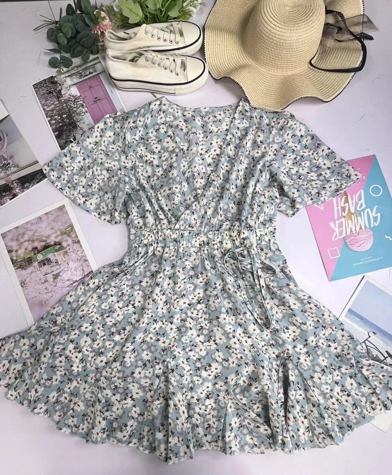 Summer Floral Dress With Bubble Sleeves V Neck A Line