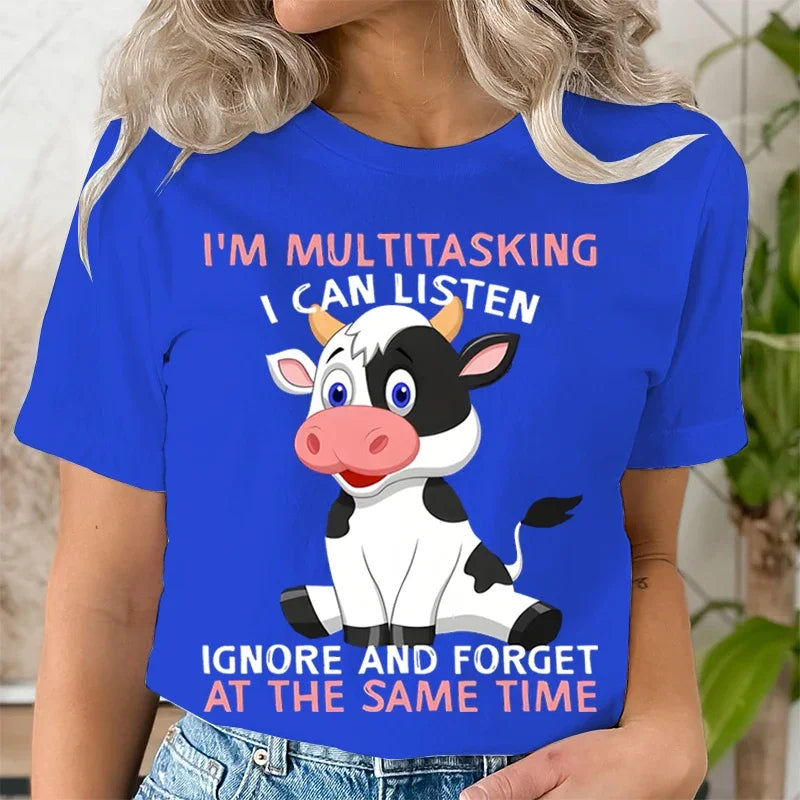 Cute Cow Print Short Sleeve Women's T-Shirt I'm Multitasking Casual Crew Neck Summer Top