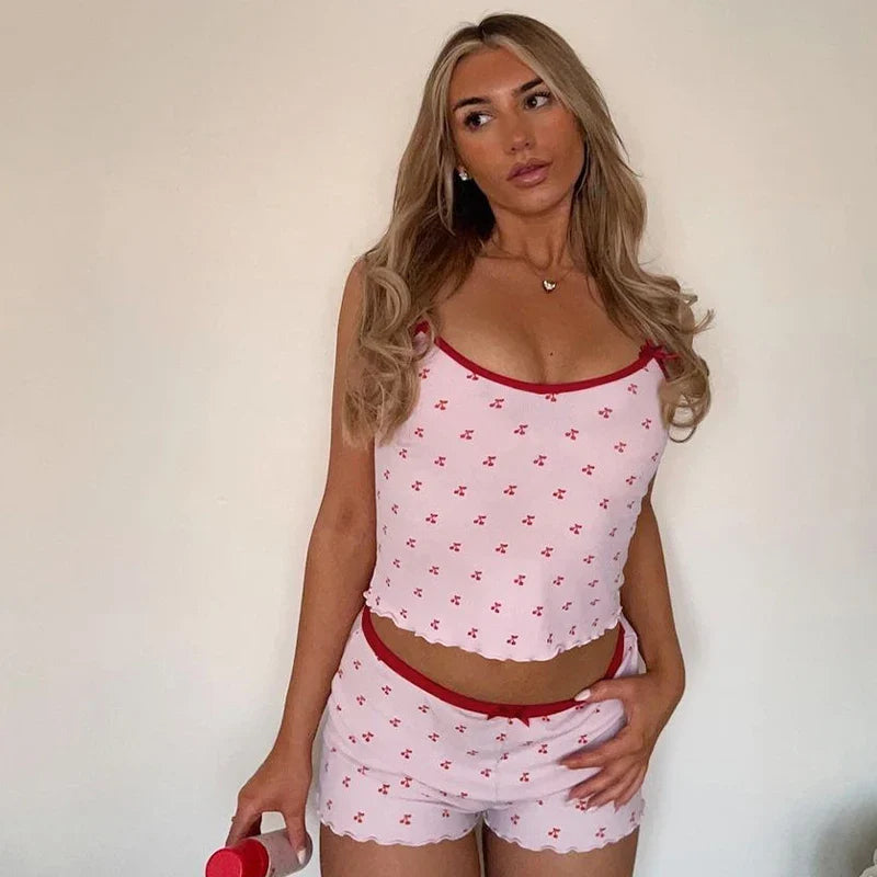 Cherry Print Two-Piece Matching Set with Slim Crop Camisole Top and Bow-Accent Shorts Summer Casual Festival and Workout Outfit for Women
