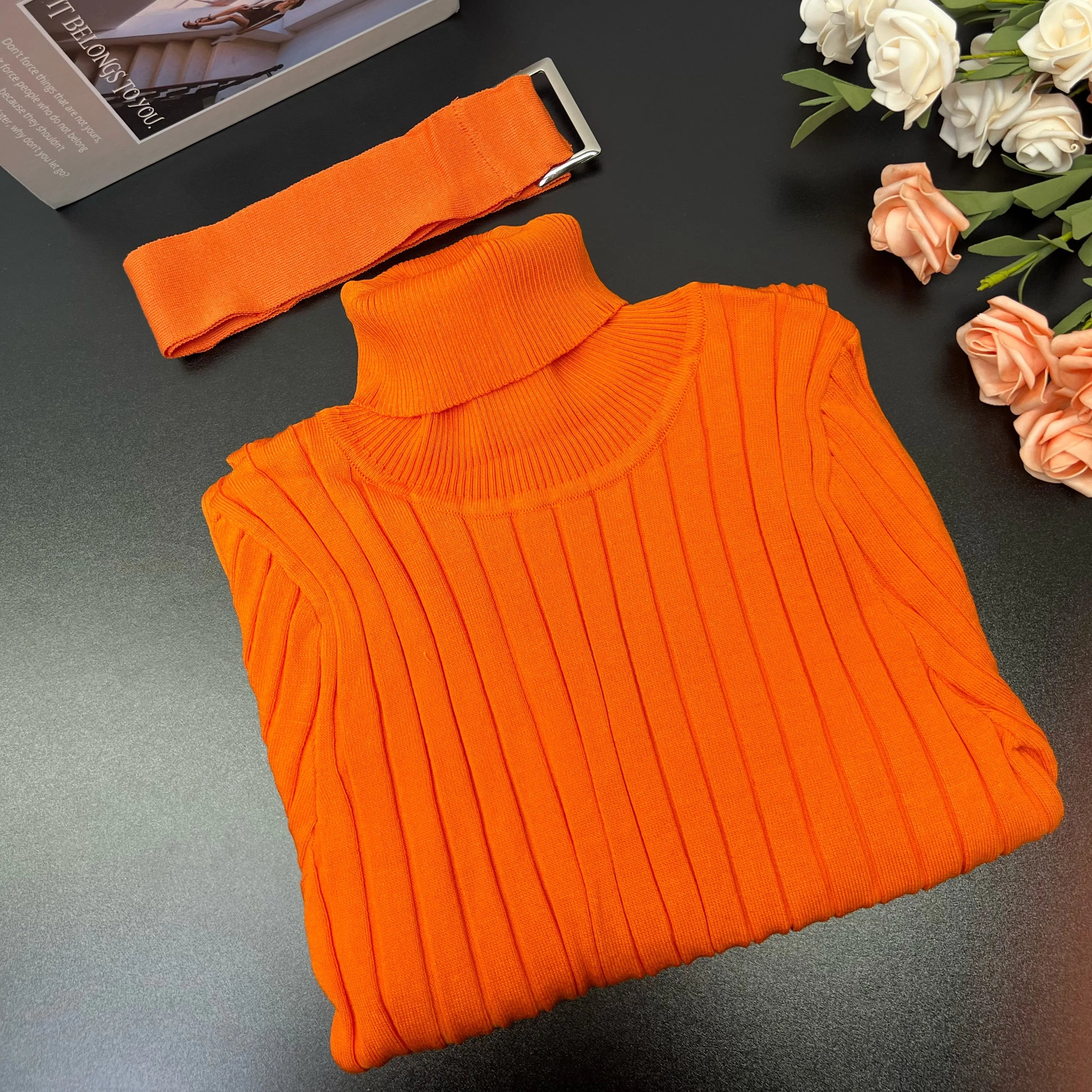 Rib Knit Bodycon Dress Belted Turtleneck Sweater Winter