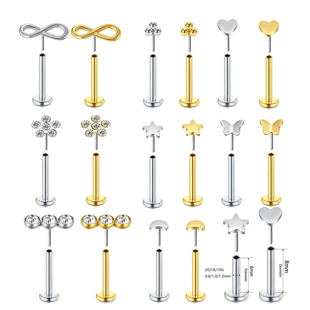 Lip Piercing Body Jewelry Stud Earrings in Silver and Gold Trendy Star Moon Design for Women