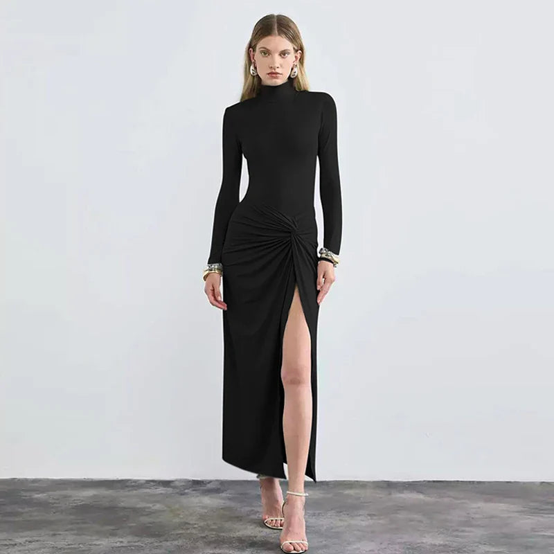 Black Maxi Dress For Women With Slit And Turtleneck Style