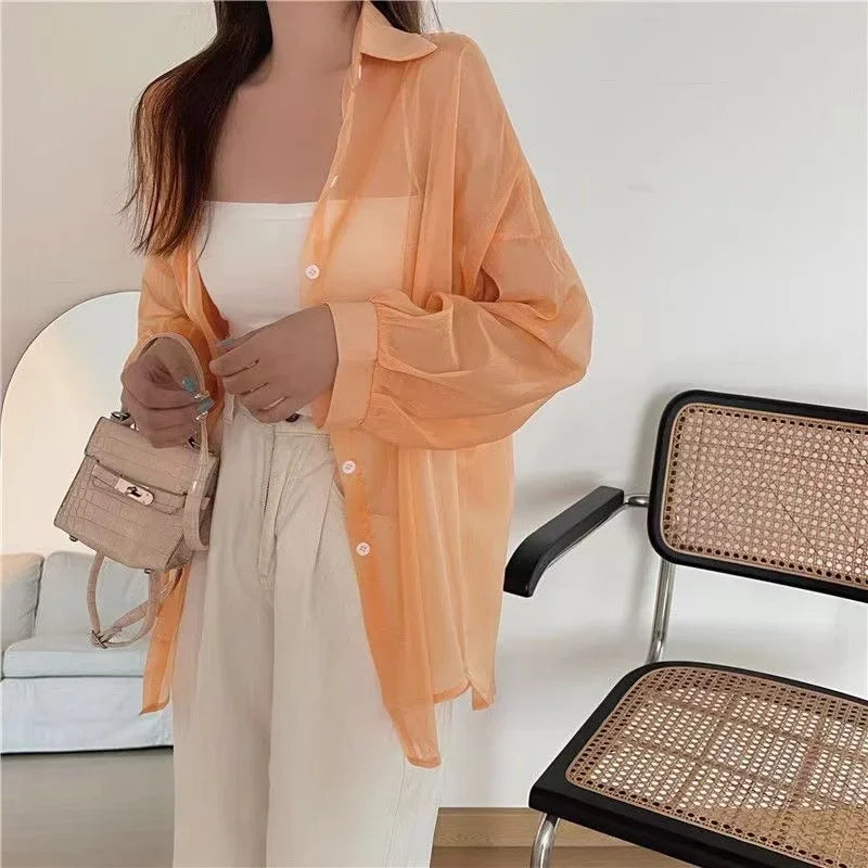 Women's Long Sleeve Chiffon Blouse Lightweight Sun-Proof Casual Top Simple Solid Color Basic Sexy Shirt