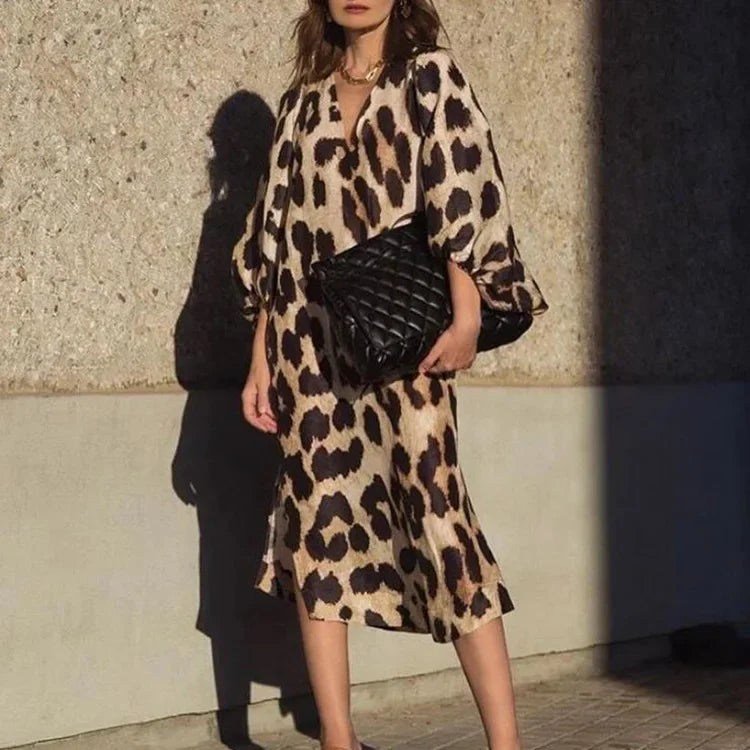 Leopard Print Casual Dress With V Neck Lantern Sleeve